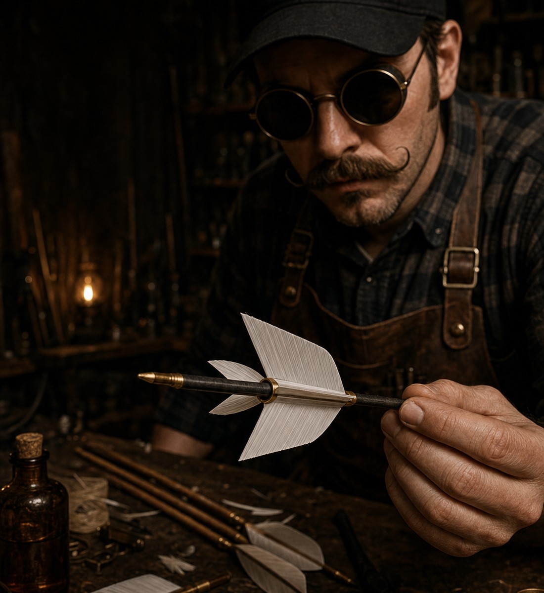 The Keeper raising a four-fletched arrow at his candlelit bench